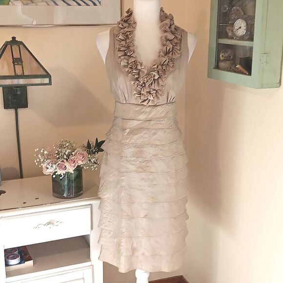 London Times Gold Ruffled and Layered Dress. Cocktail. Evening. Wedding. - Picture 1 of 9